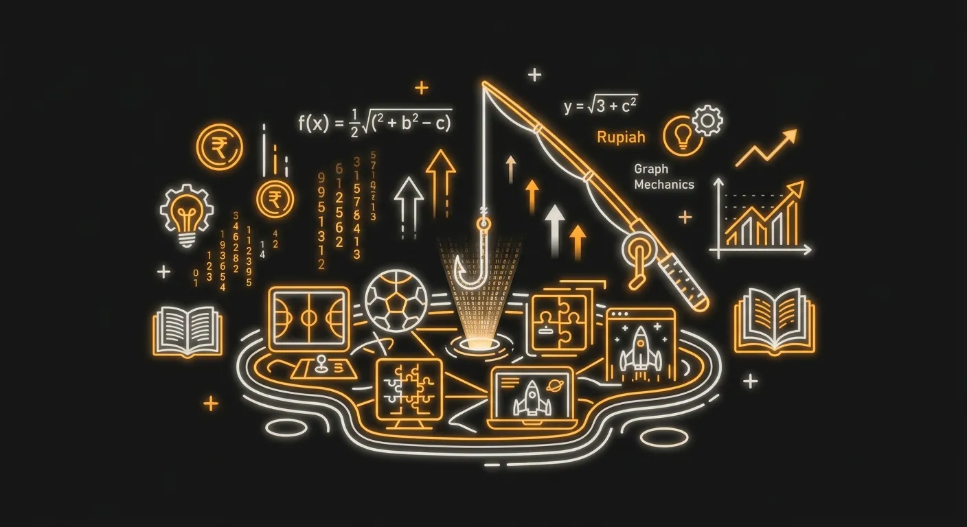 Ilustrasi edukatif analisis konsep mancingduit dalam platform arcade digital